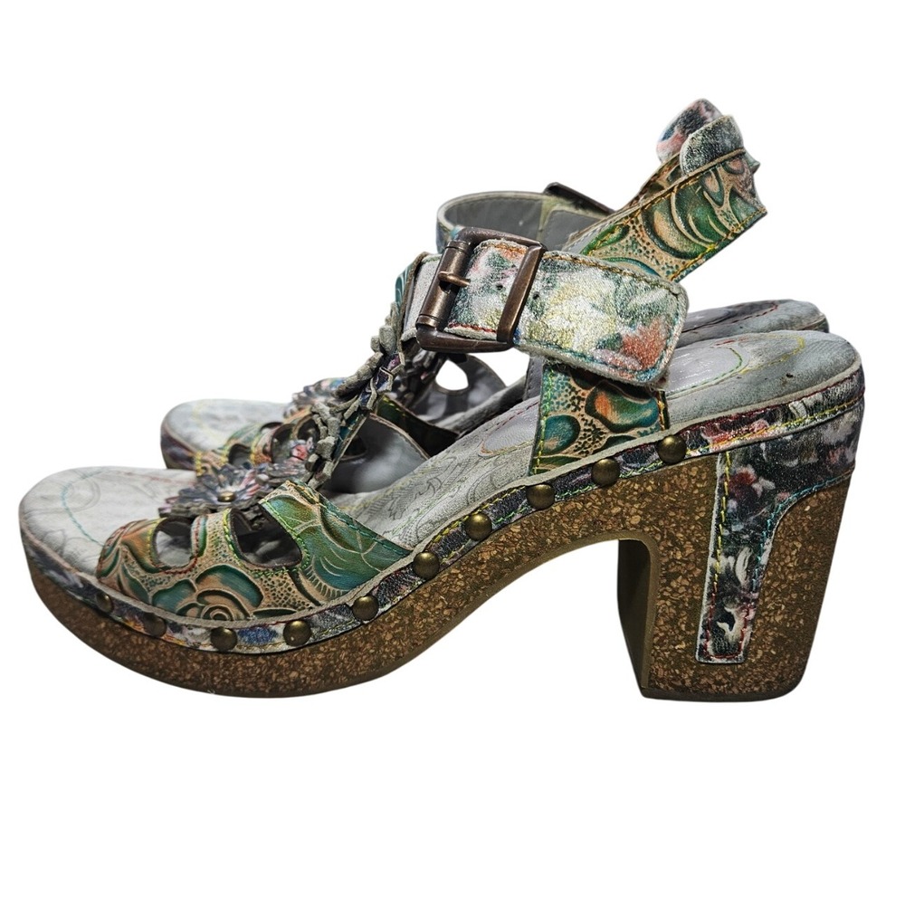 L' Artiste 38 Leather Green Floral Platform Sandals Chunky Heel Ankle Strap #368 - Picture 2 of 8